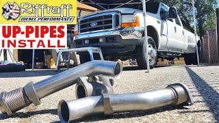 2001 F350 73  RiffRaff UpPipes Install  Stock up pipes leaking and falling apart JUNK SP [upl. by Annovaj]